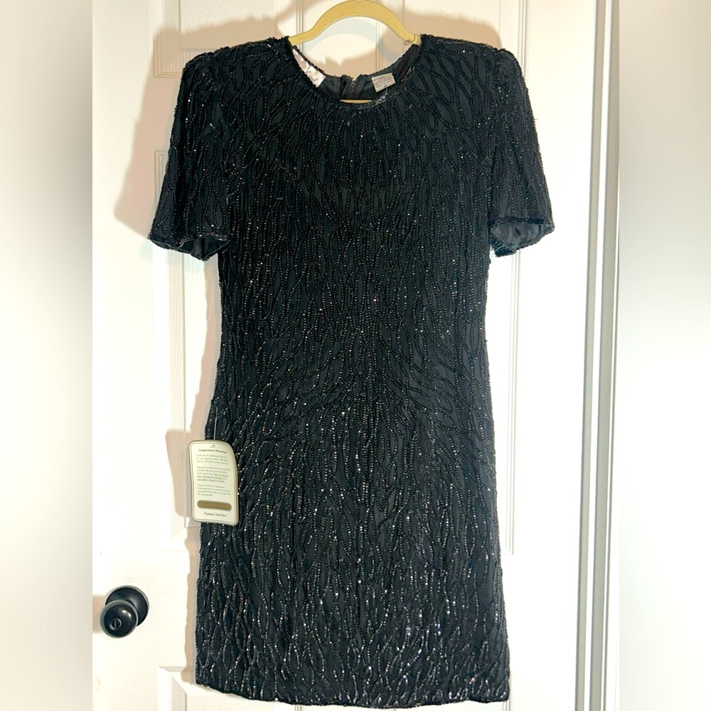 Laurence Kazar Cocktail Dress Size 8 Black 1980s Silk Beaded Mother Of Bride